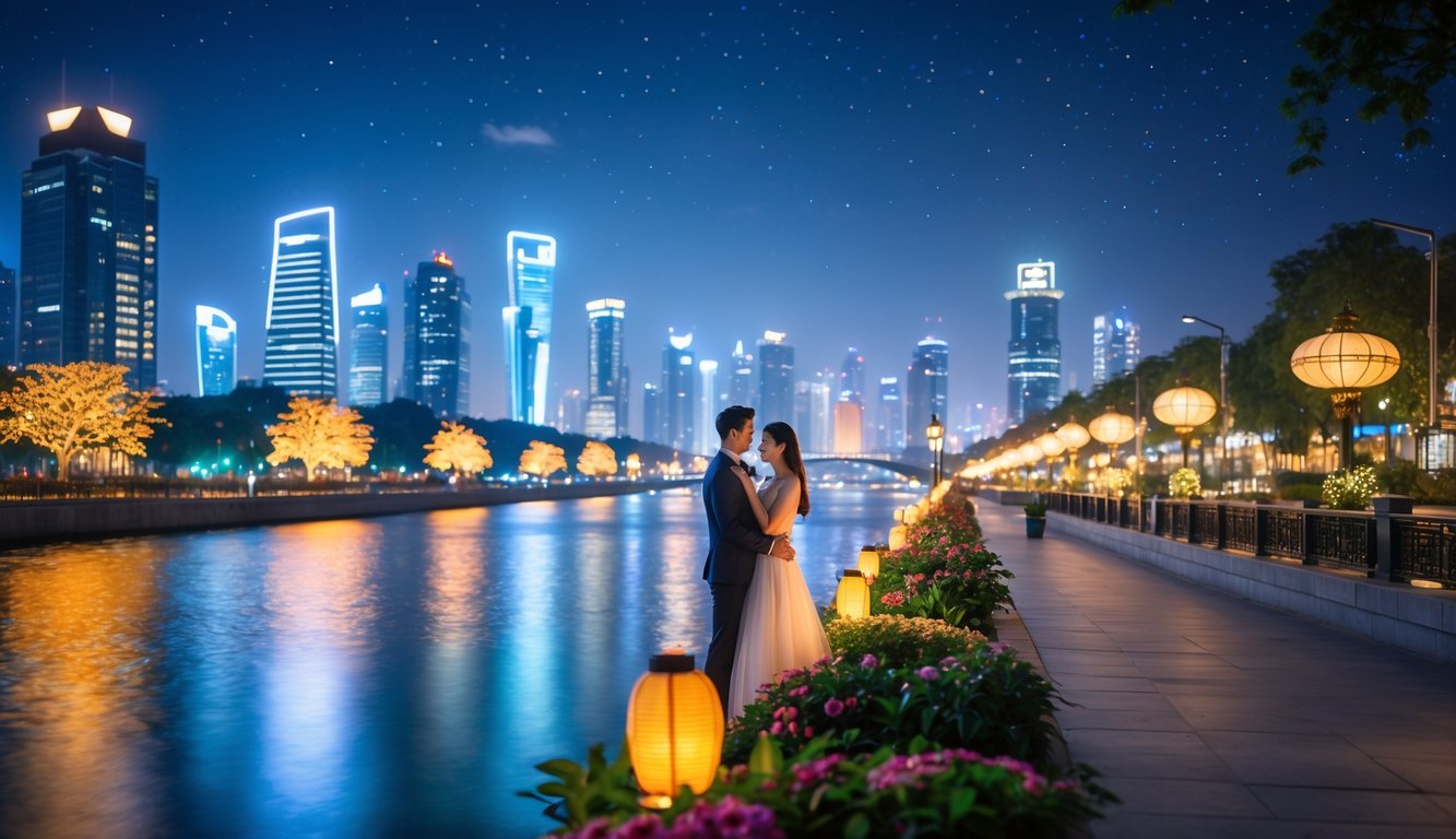 Pasangan menikmati suasana malam romantis di tepi sungai dengan lampu kota yang menyala dan langit berbintang.