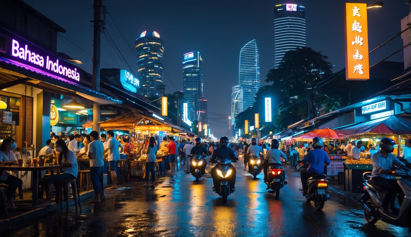 Suasana malam yang ramai di jalan perkotaan Indonesia dengan orang-orang menikmati kafe dan penjual makanan jalanan, motor melintas, dan bangunan modern serta tradisional yang diterangi lampu warna-warni.