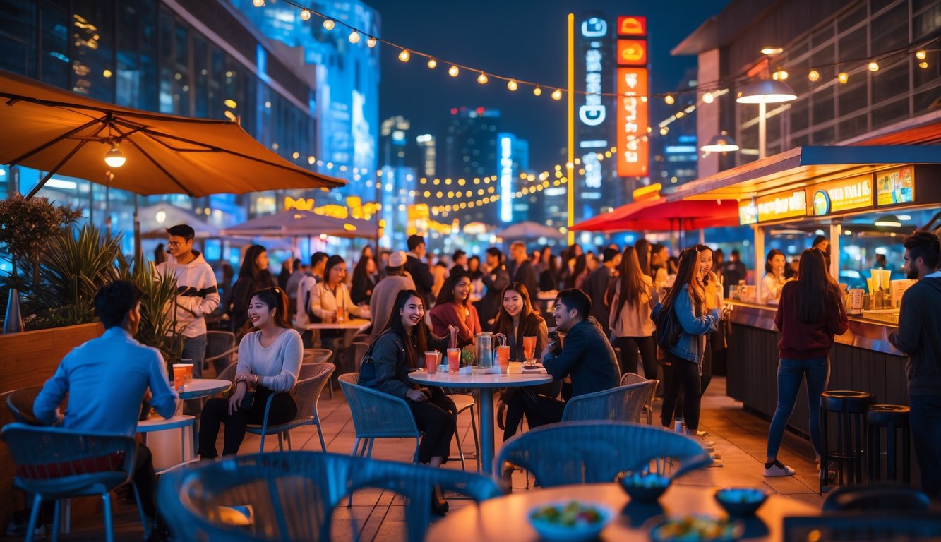 Orang-orang muda sedang berkumpul dan bersosialisasi di tempat nongkrong malam yang ramai dengan lampu dan arsitektur modern.