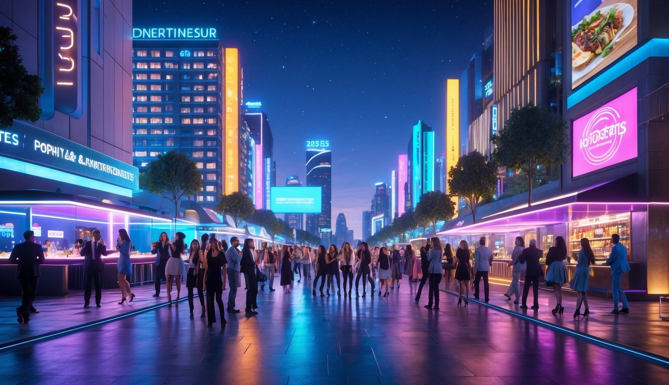 Pemandangan malam kota yang ramai dengan gedung-gedung bercahaya dan orang-orang menikmati hiburan malam.
