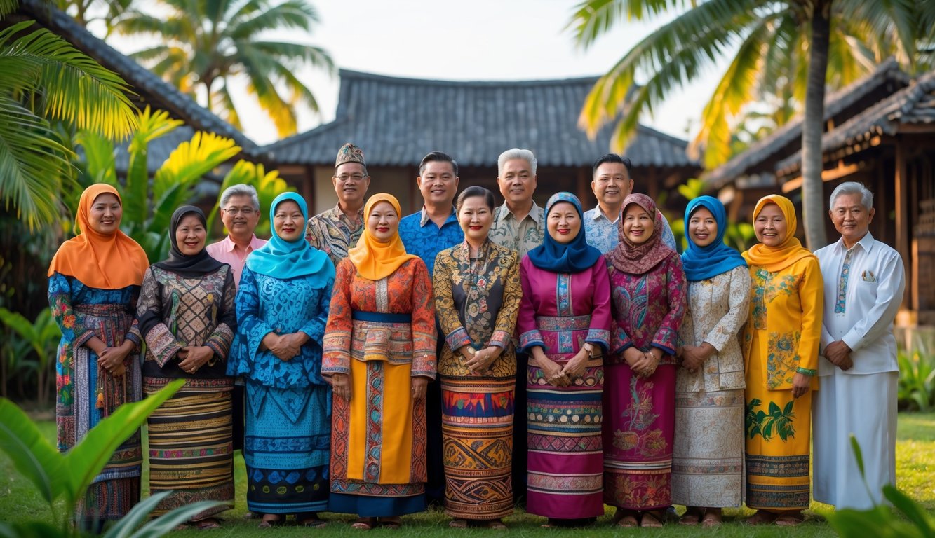 Sekelompok orang dari berbagai suku Nusantara mengenakan pakaian tradisional berwarna-warni di luar ruangan dengan latar belakang pepohonan dan rumah tradisional.