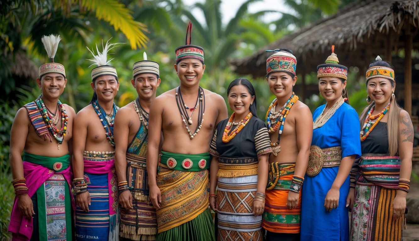 Sekelompok orang dari berbagai suku bangsa Indonesia mengenakan pakaian tradisional berdiri bersama di luar ruangan dengan latar belakang alam hijau.