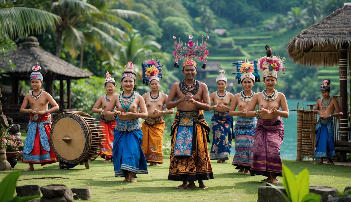 Sekelompok orang mengenakan pakaian tradisional Nusantara sedang melakukan tarian dan memainkan alat musik di latar belakang pemandangan alam Indonesia.