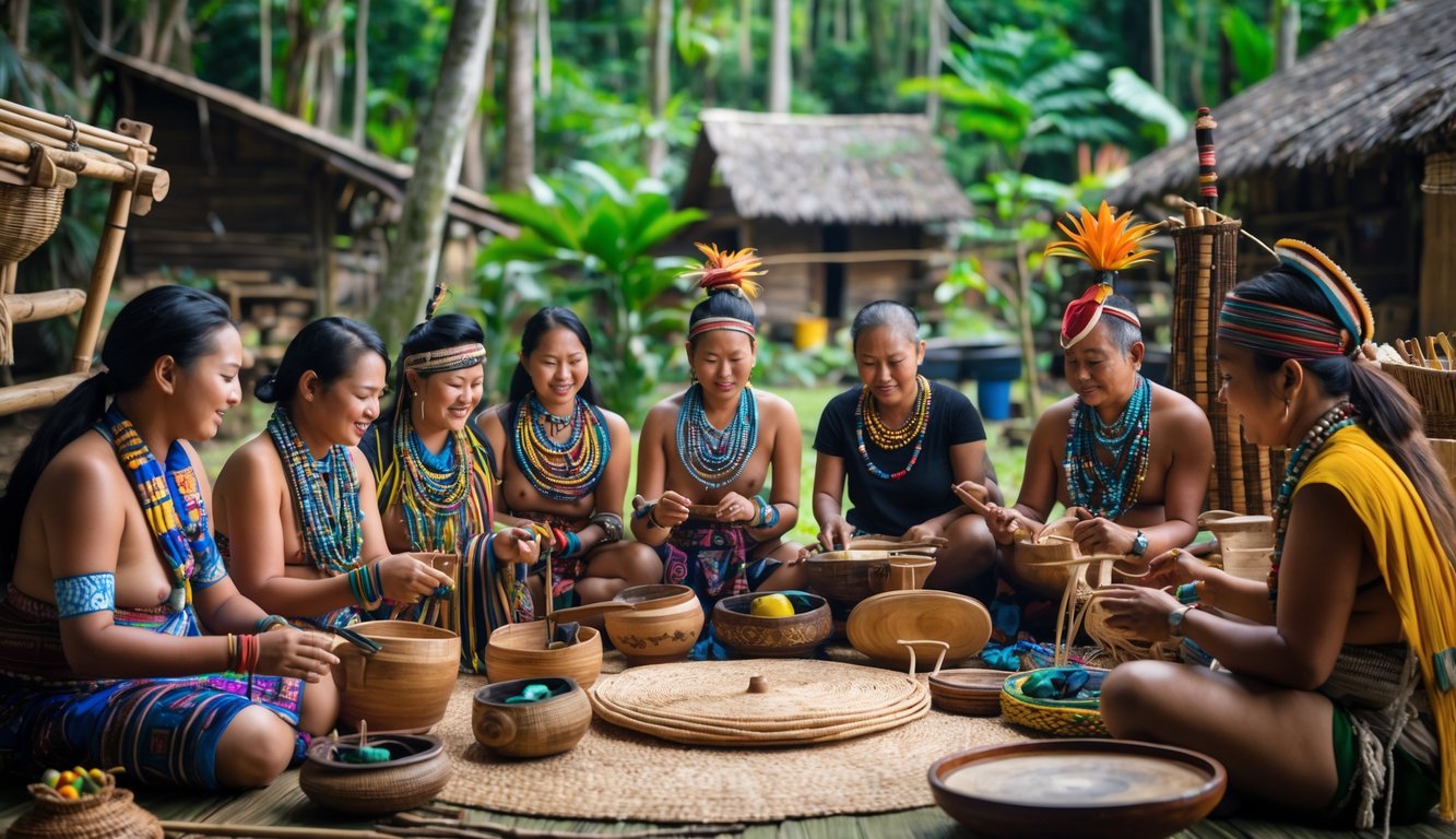 Sekelompok orang suku Nusantara mengenakan pakaian tradisional sedang melakukan kegiatan budaya di alam terbuka dengan latar hutan tropis dan rumah panggung kayu.