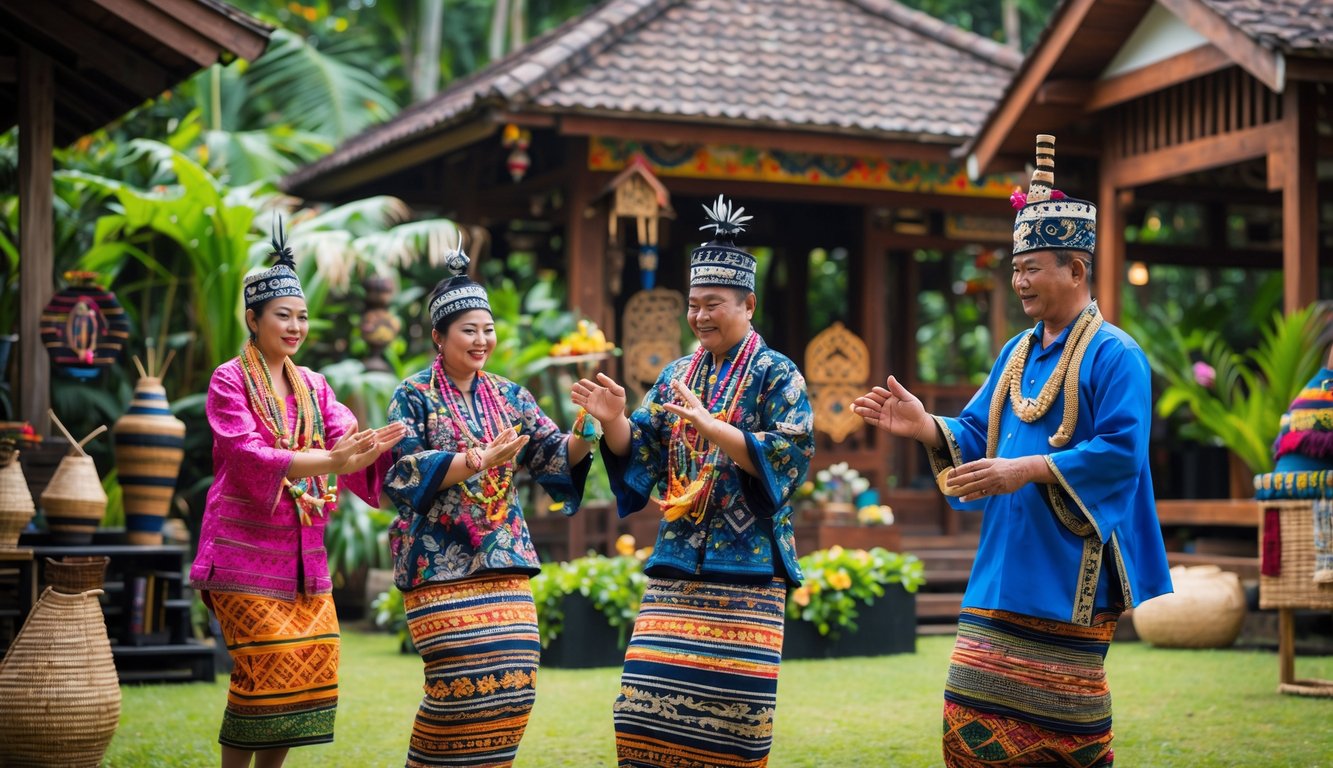 Sekelompok orang mengenakan pakaian adat Nusantara sedang melakukan upacara tradisional di luar ruangan dengan latar belakang rumah adat dan tanaman tropis.