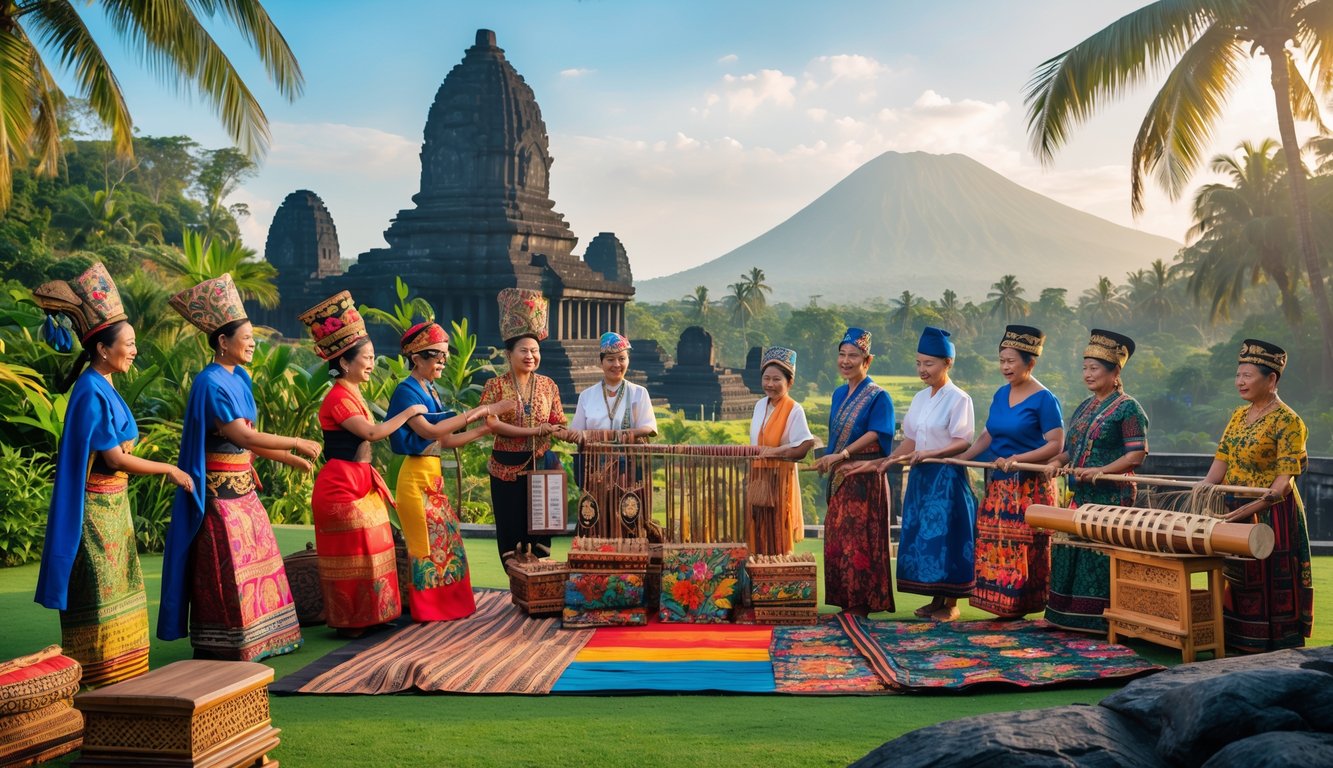 Sekelompok orang Indonesia mengenakan pakaian tradisional dari berbagai daerah sedang melakukan aktivitas budaya di latar belakang pemandangan alam dan bangunan bersejarah.