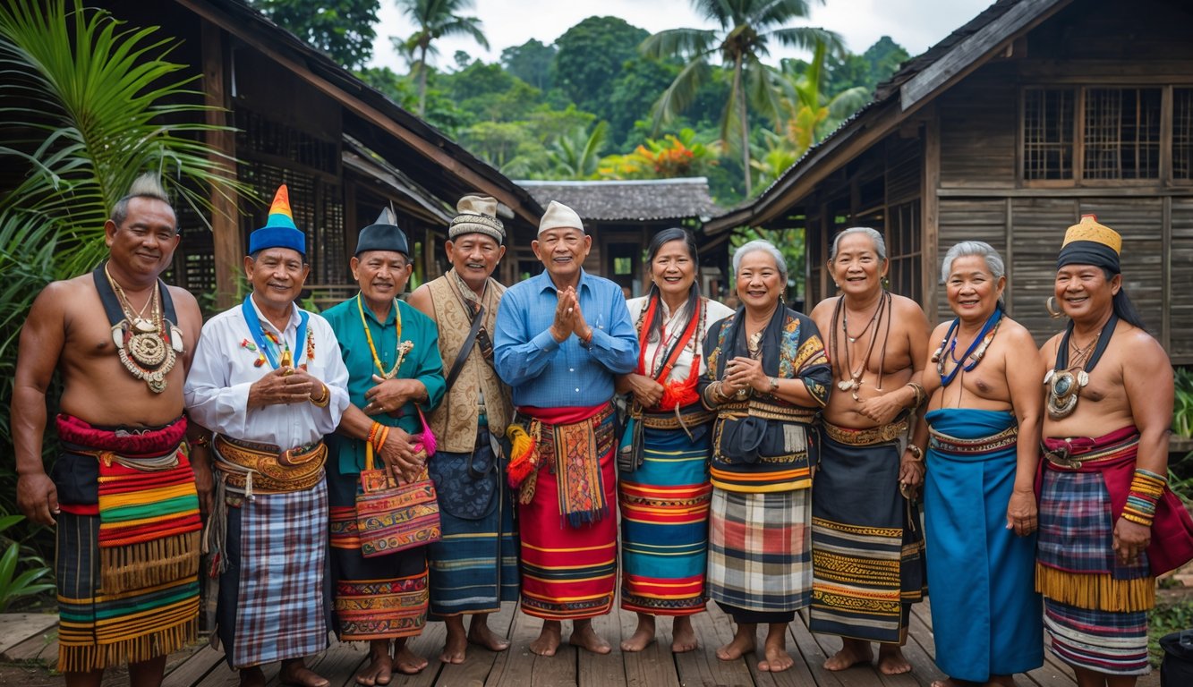 Sekelompok orang dari suku Nusantara mengenakan pakaian tradisional berdiri bersama di luar ruangan dengan latar belakang alam tropis dan rumah adat.