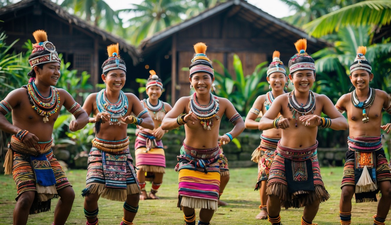 Sekelompok orang Indonesia mengenakan pakaian adat suku tradisional sedang melakukan upacara budaya di luar ruangan dengan latar belakang vegetasi tropis dan rumah tradisional.