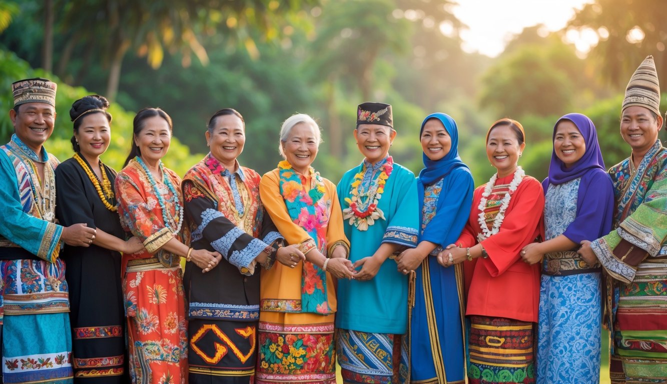 Sekelompok orang dari berbagai suku Nusantara berdiri bersama mengenakan pakaian tradisional, tersenyum dan bergandengan tangan di luar ruangan.