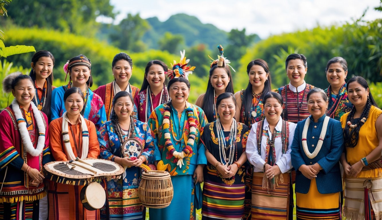 Sekelompok orang dari berbagai suku dunia mengenakan pakaian tradisional berwarna-warni sedang berkumpul di luar ruangan dengan latar belakang alam yang hijau.