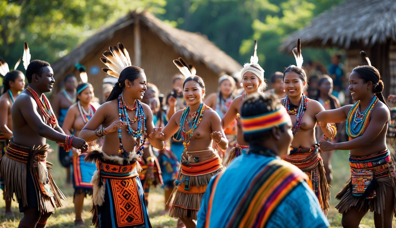 Sekelompok orang dari berbagai suku dengan pakaian tradisional sedang berkumpul di alam terbuka, melakukan aktivitas budaya seperti menari dan bermain alat musik.