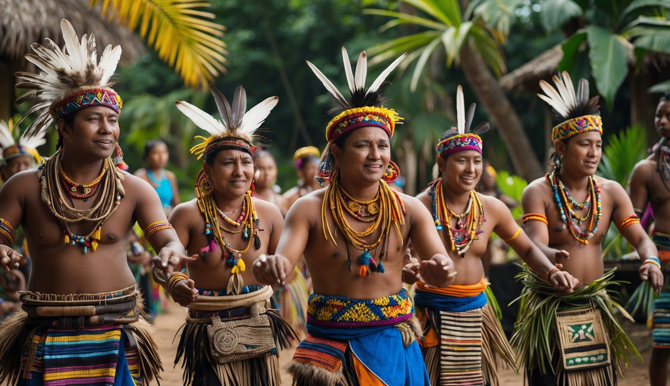Sekelompok orang suku adat dengan pakaian tradisional berwarna-warni sedang berkumpul di lingkungan alam yang hijau.