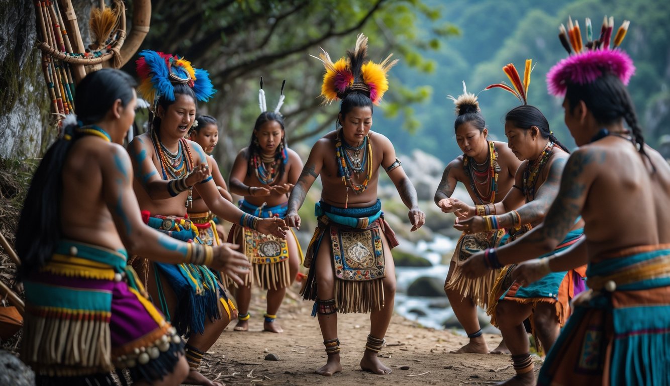 Sekelompok orang suku mengenakan pakaian tradisional sedang melakukan ritual di alam terbuka.