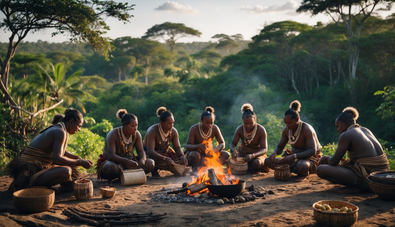 Sejumlah anggota suku pedalaman sedang melakukan aktivitas tradisional di lingkungan alam mereka.