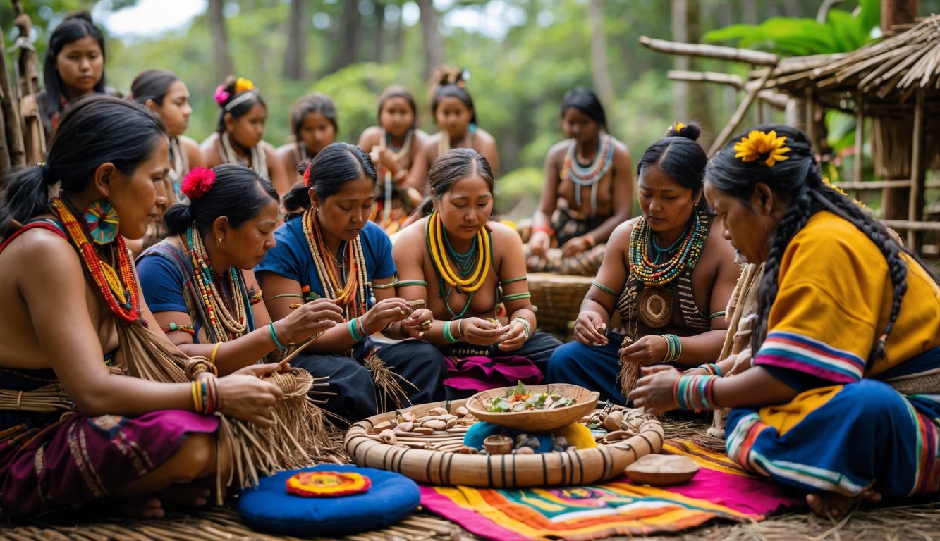 Sekelompok orang suku asli dari berbagai dunia mengenakan pakaian tradisional sedang melakukan aktivitas budaya di alam terbuka.