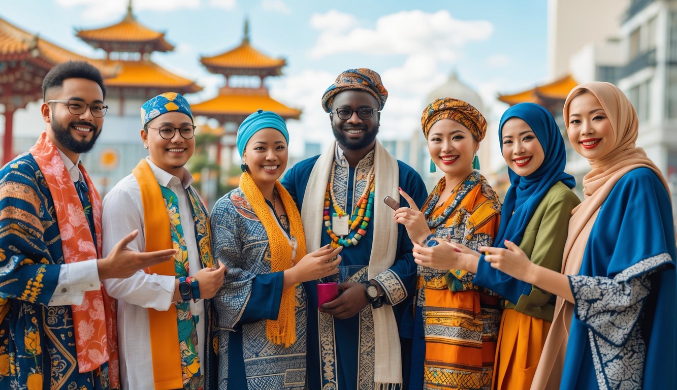 Sekelompok orang dari berbagai budaya dunia mengenakan pakaian tradisional dan modern berdiri bersama di lingkungan kota yang cerah dan modern.