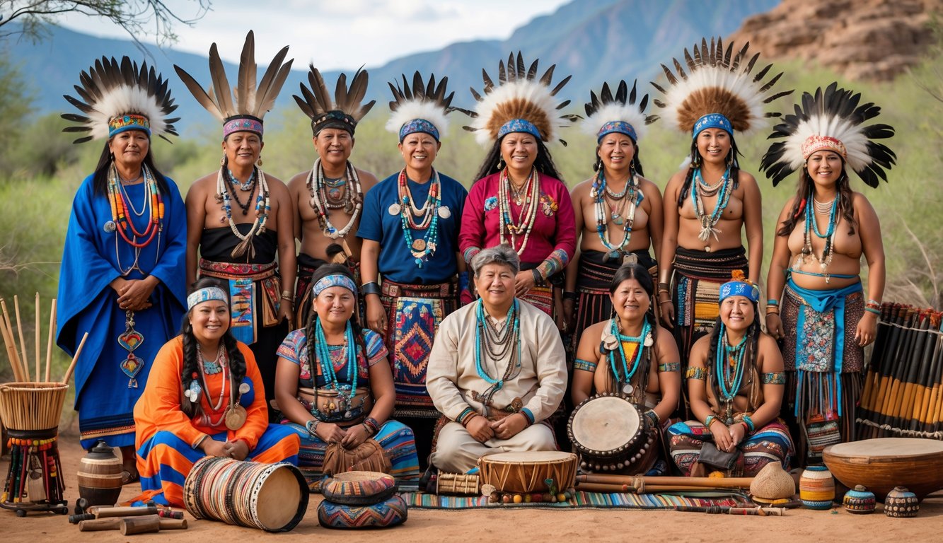 Sekelompok orang dari berbagai suku dunia mengenakan pakaian tradisional dan berkumpul di alam terbuka dengan alat musik dan kerajinan tangan.