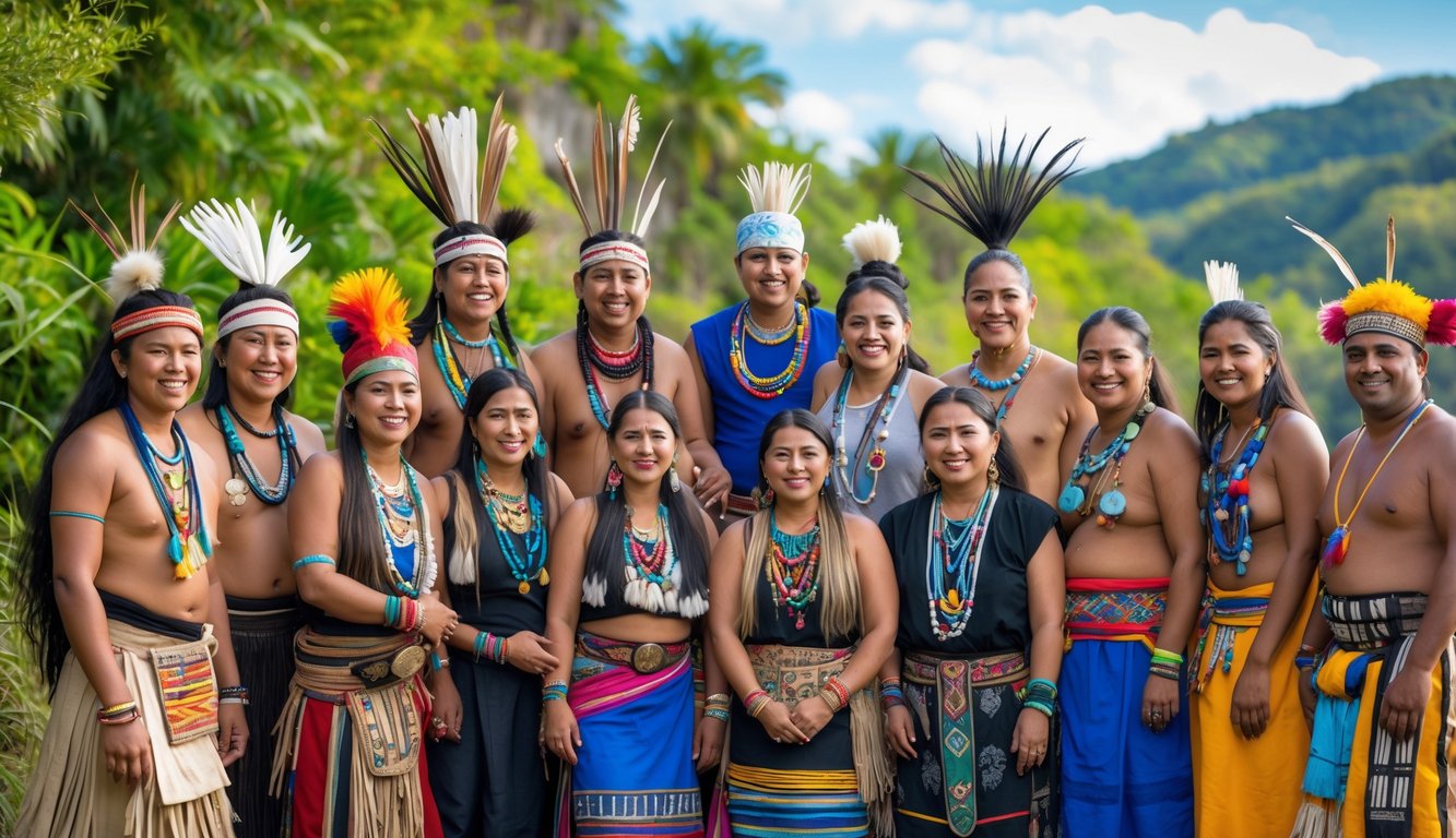 Sekelompok orang dari berbagai suku dunia mengenakan pakaian tradisional sedang berkumpul di alam terbuka.