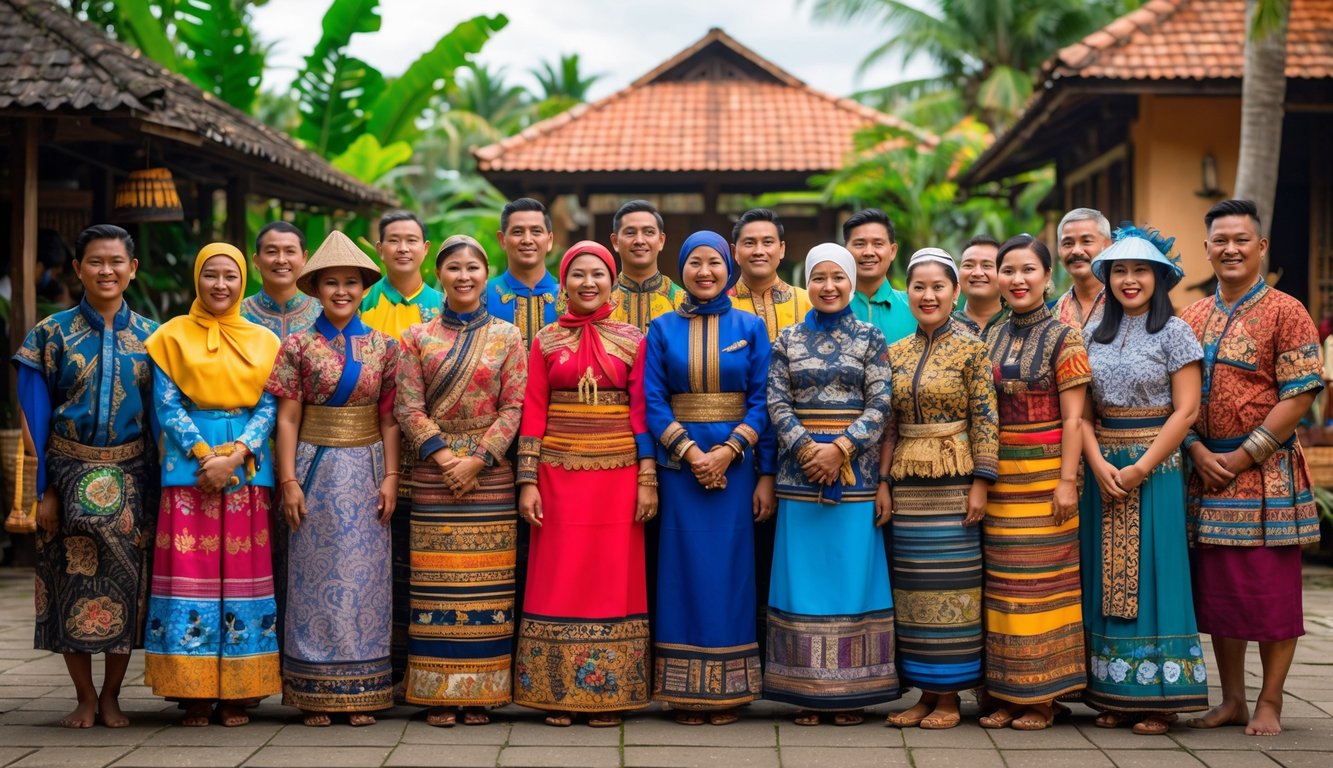 Sekelompok orang Indonesia mengenakan pakaian adat berbagai suku di lingkungan luar dengan latar rumah tradisional dan pemandangan tropis.
