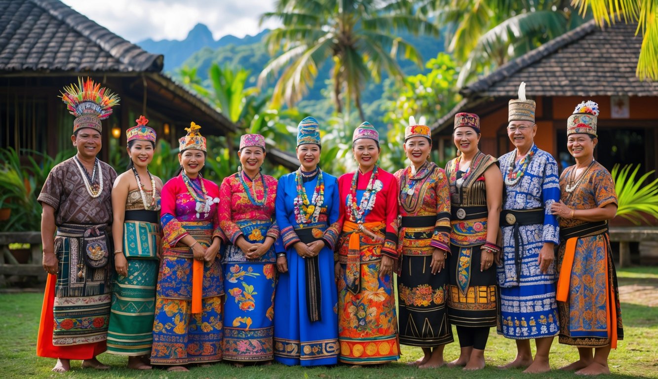 Sekelompok orang mengenakan pakaian adat dari berbagai suku di Indonesia sedang berkumpul di luar ruangan dengan latar belakang rumah tradisional dan pemandangan alam.