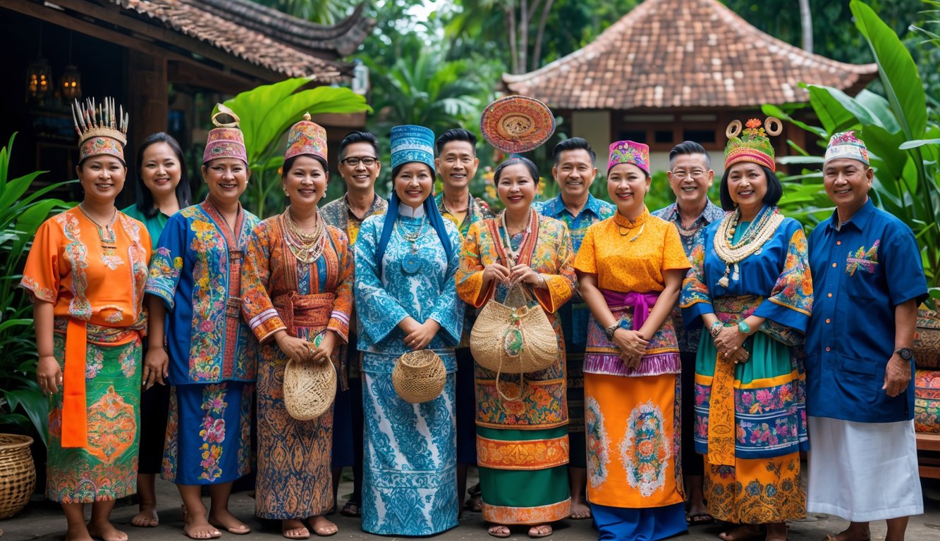 Sekelompok orang dari berbagai suku Indonesia mengenakan pakaian tradisional berwarna-warni berdiri bersama di luar ruangan dengan latar belakang tanaman hijau dan bangunan tradisional.