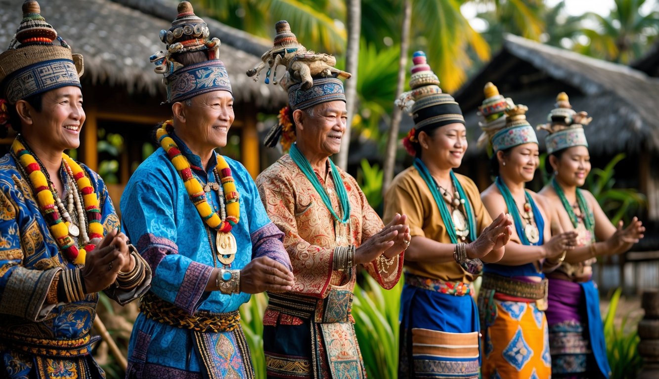 Sekelompok orang mengenakan pakaian adat Indonesia sedang melakukan upacara tradisional di luar ruangan dengan latar belakang rumah tradisional dan pepohonan tropis.