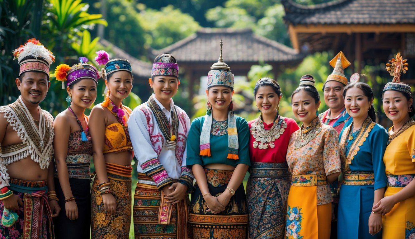 Sekelompok orang dari berbagai suku di Indonesia mengenakan pakaian adat tradisional berwarna-warni, berdiri bersama di luar ruangan dengan latar belakang alam dan arsitektur tradisional.