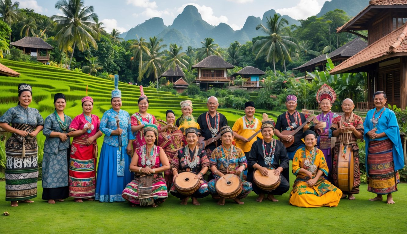 Sekelompok orang dari berbagai suku Indonesia mengenakan pakaian tradisional dan melakukan kegiatan budaya di latar belakang pemandangan alam Indonesia.
