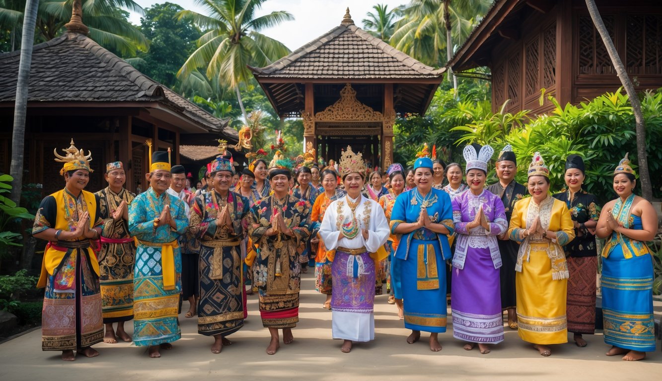 Sekelompok orang mengenakan pakaian adat Nusantara sedang melakukan upacara budaya di luar ruangan dengan latar belakang rumah tradisional dan pepohonan hijau.