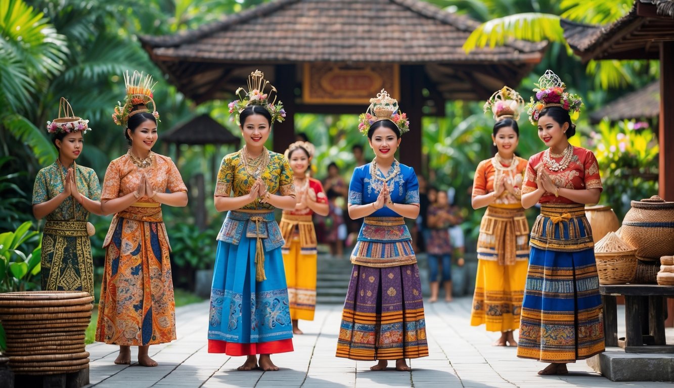 Sekelompok orang Indonesia mengenakan pakaian adat tradisional sedang melakukan kegiatan budaya di luar ruangan dengan latar belakang arsitektur tradisional dan pepohonan hijau.
