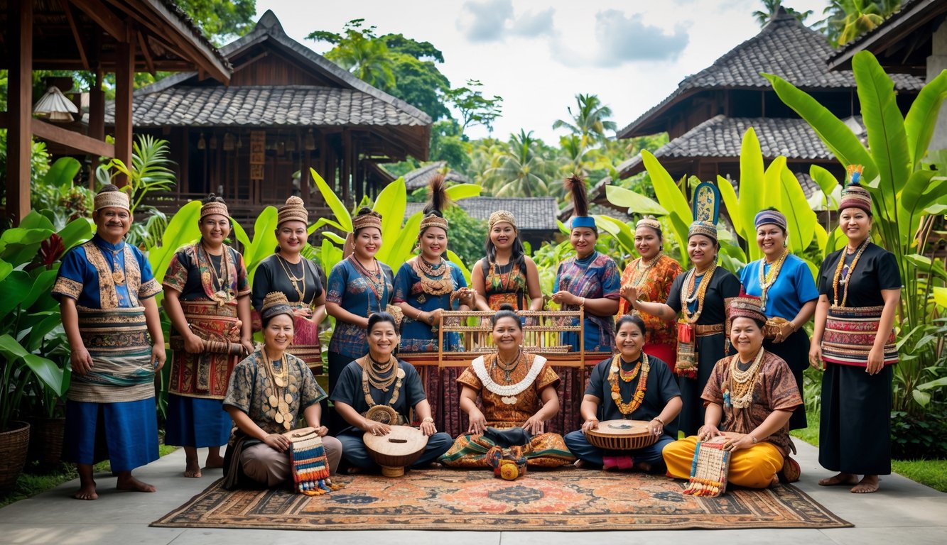 Sekelompok orang Indonesia mengenakan pakaian tradisional dari berbagai suku bangsa sedang berkumpul di luar ruangan dengan latar rumah adat dan pohon hijau.