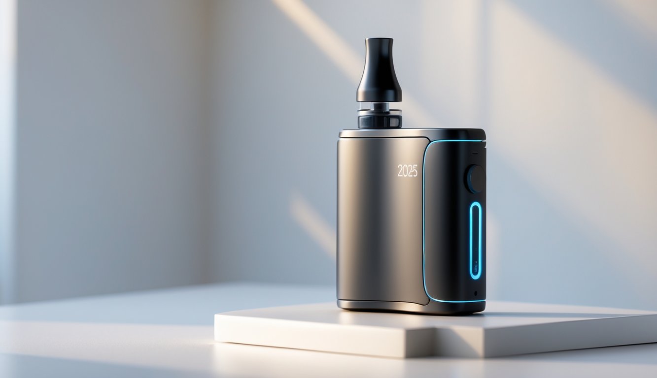 Perangkat vapor terbaru tahun 2025 dengan desain modern dan futuristik, diletakkan di permukaan putih minimalis.