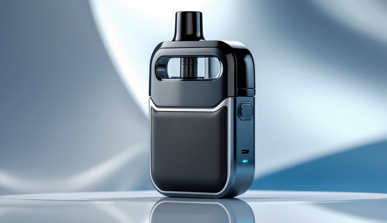 Sebuah perangkat pod vape modern dengan desain elegan diletakkan di atas permukaan reflektif dengan latar belakang kabur berwarna biru dan perak.
