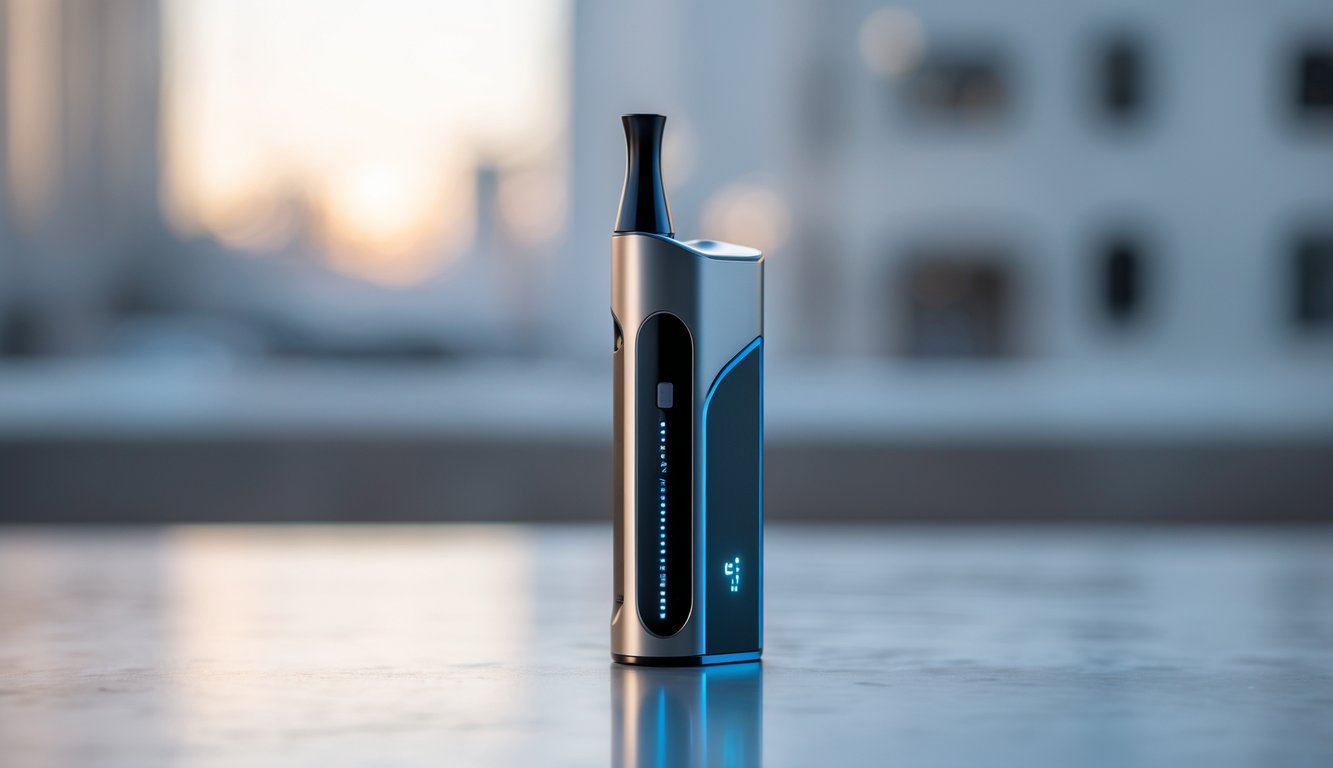 Sebuah perangkat vape modern berdesain ramping diletakkan di atas permukaan reflektif dengan latar belakang kota yang kabur.