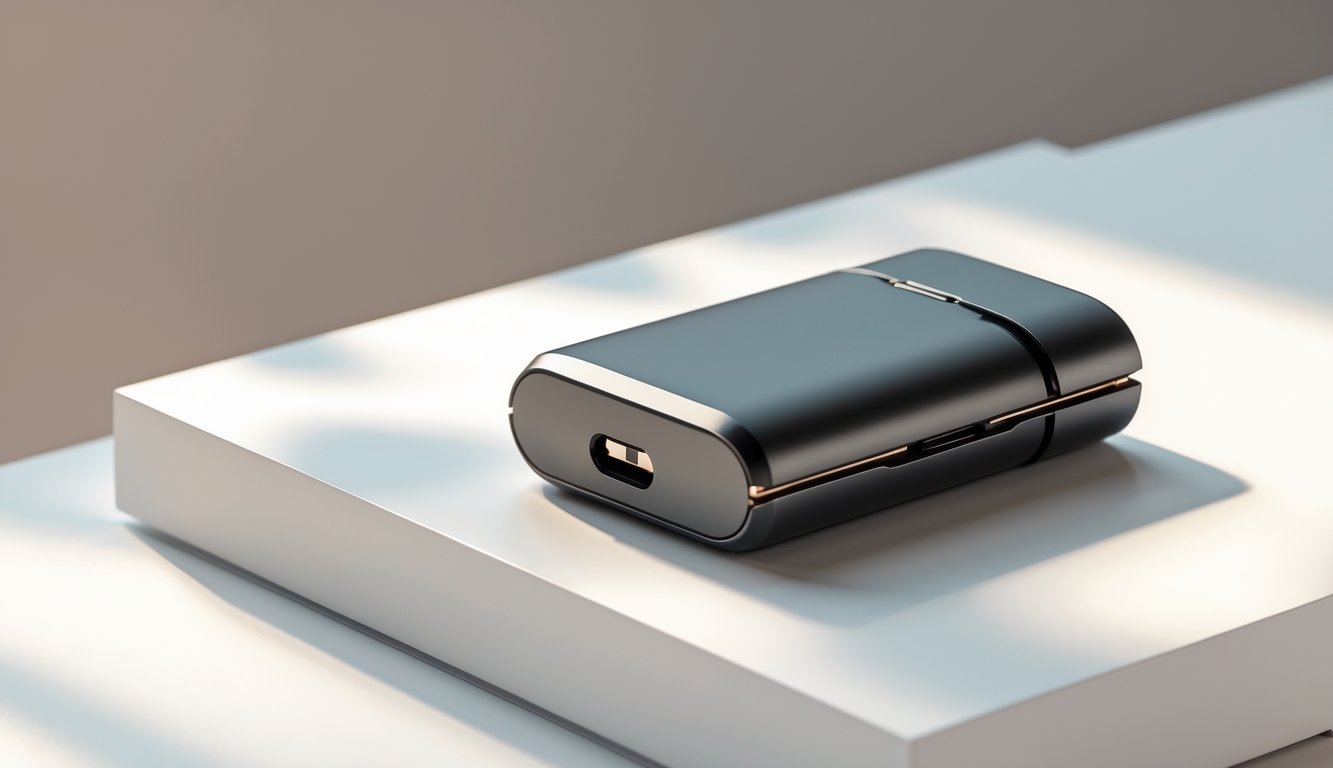 Sebuah perangkat vape pod sistem modern dan ramping diletakkan di atas permukaan putih yang bersih.