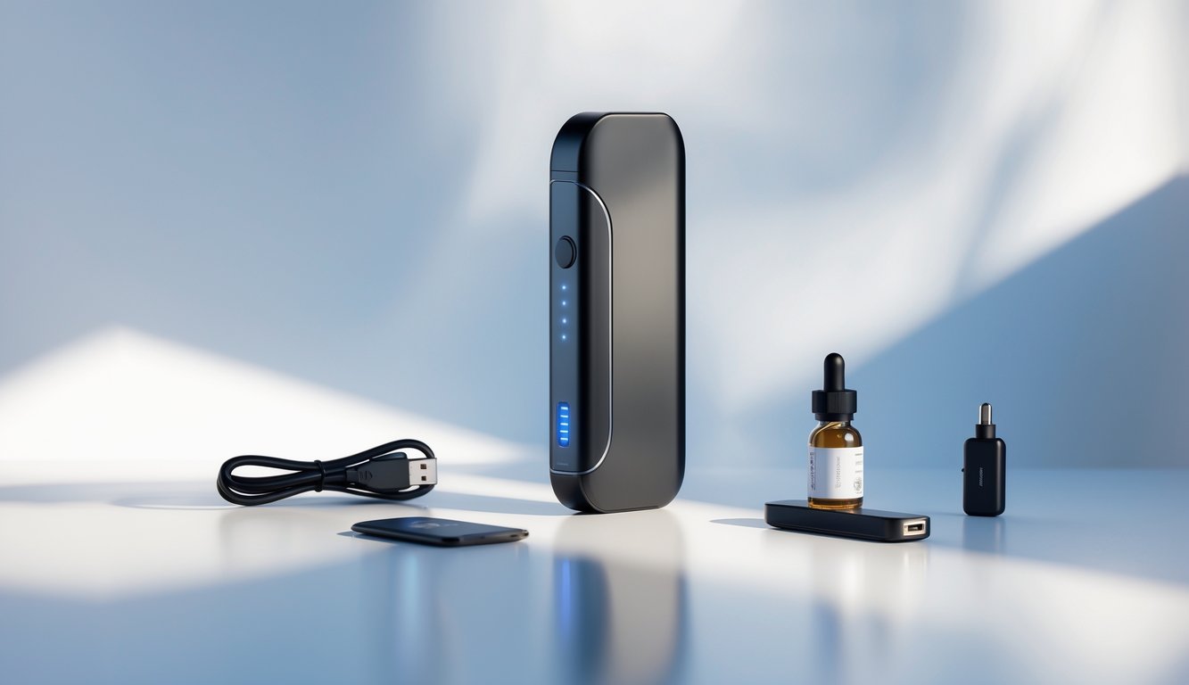 Perangkat vape all-in-one modern dan ringkas dengan aksesori di permukaan putih bersih.