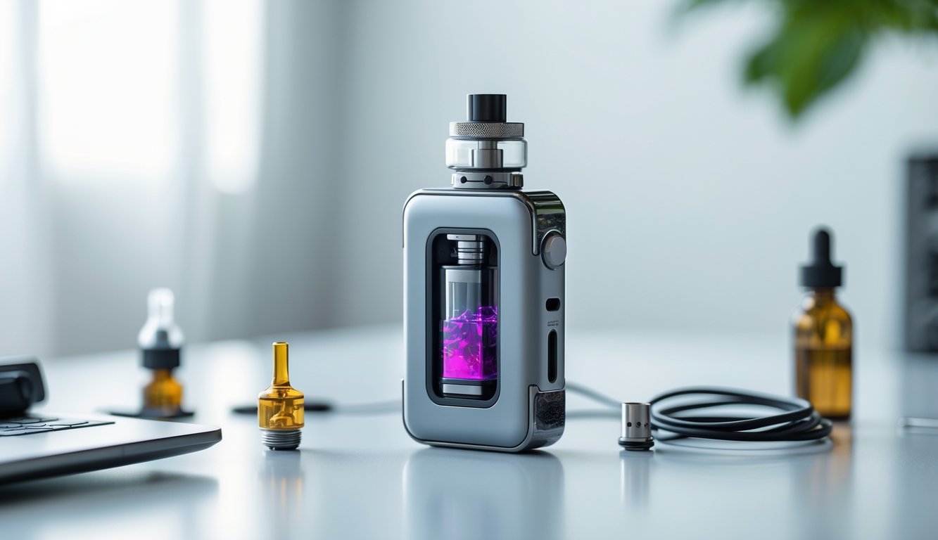 Perangkat vape modern dengan tangki isi ulang yang transparan diletakkan di atas permukaan putih dengan aksesori kecil di sekitarnya.