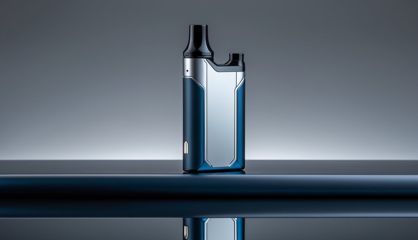Foto perangkat vape sekali pakai terbaru tahun 2025 diletakkan di permukaan hitam mengkilap dengan latar belakang abu-abu gradasi.
