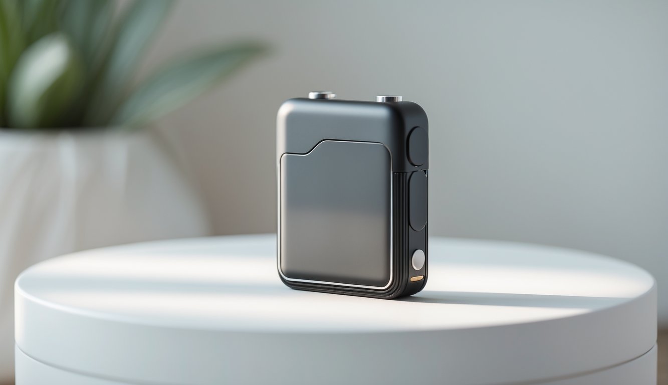 Foto perangkat vape kecil portabel berwarna hitam diletakkan di atas permukaan putih bersih.