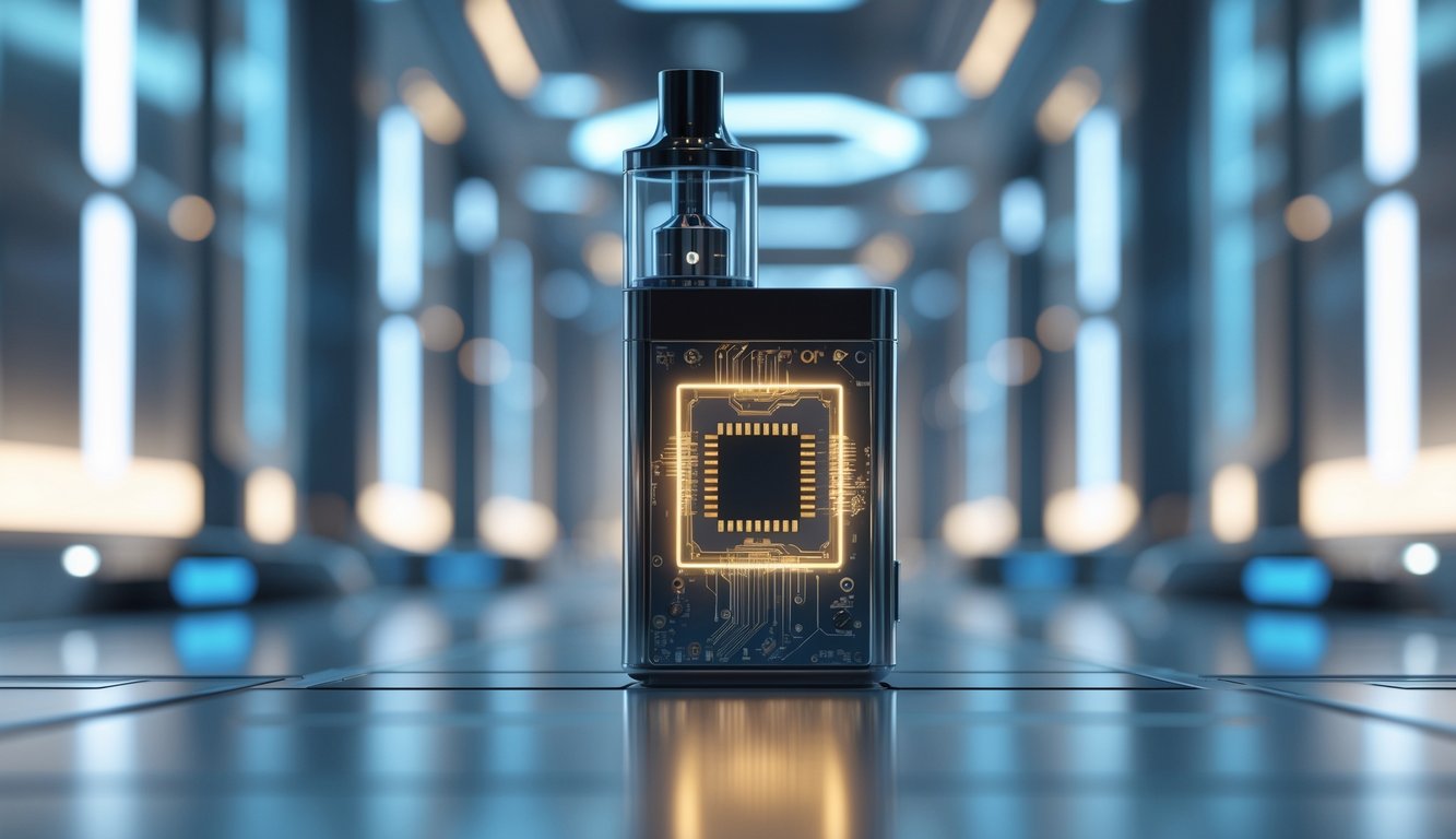 Perangkat vape modern dengan chip pintar yang terlihat di dalamnya di latar belakang teknologi futuristik.