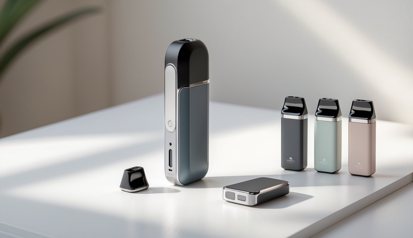 Perangkat vape pemula tahun 2025 yang ramping dan modern diletakkan di atas permukaan putih bersih dengan beberapa pod vape berwarna pastel di sampingnya.