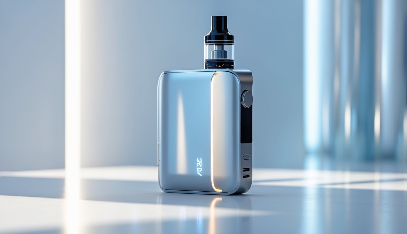 Gambar perangkat vape terbaru tahun 2025 dengan desain modern dan futuristik, diletakkan di atas permukaan putih bersih dengan latar belakang blur berwarna biru dan perak.