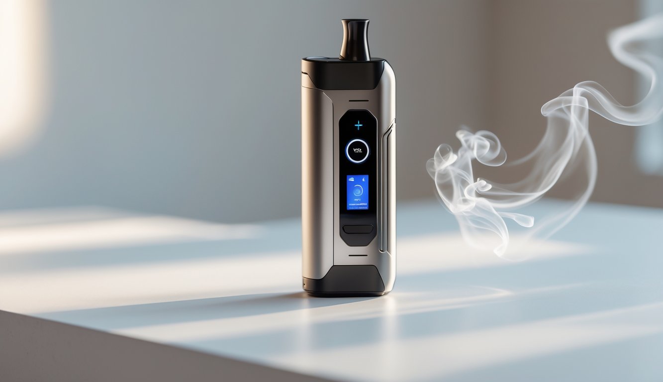 Perangkat vape modern berwarna hitam dan metalik dengan desain futuristik diletakkan di atas permukaan putih bersih dengan latar belakang buram.