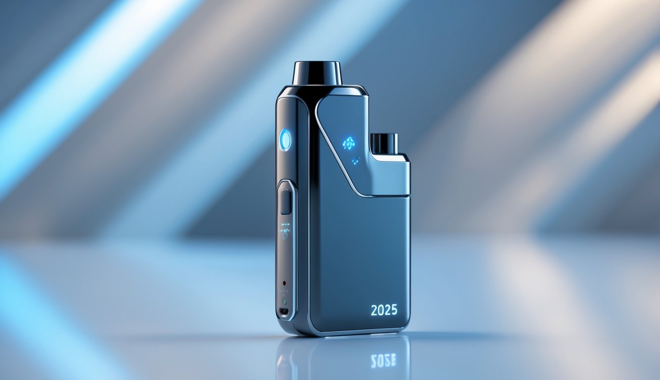 Sebuah perangkat vape modern dan futuristik berwarna metalik dengan lampu LED lembut, diletakkan di atas permukaan putih minimalis dengan latar belakang kabur berwarna biru dan perak.