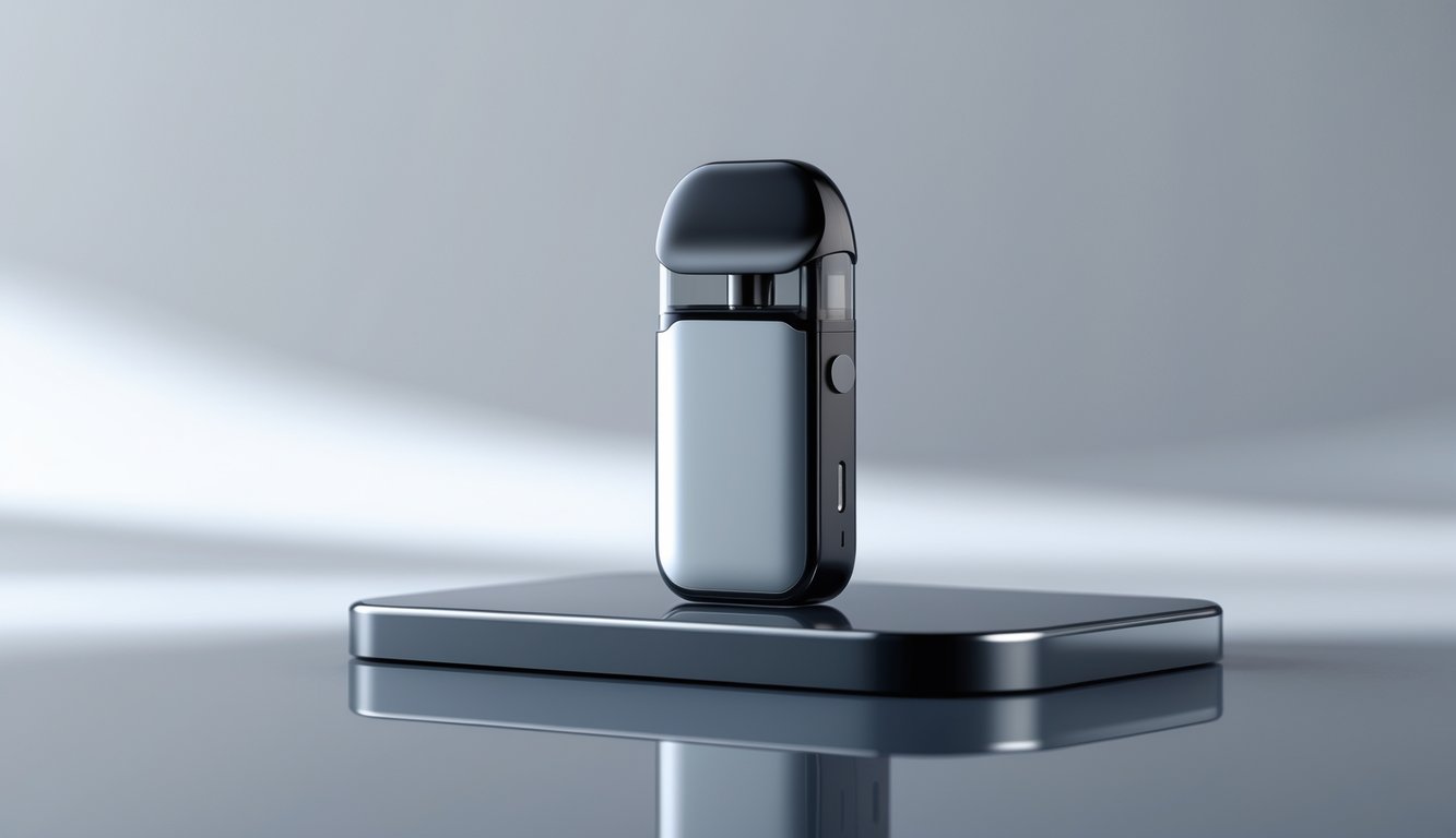Gambar perangkat vape pod terbaru tahun 2025 yang diletakkan di atas permukaan mengkilap dengan latar belakang polos.