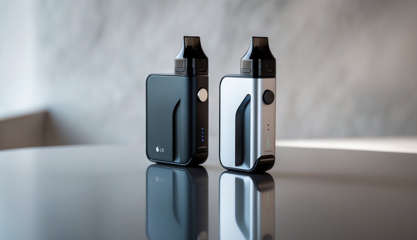 Perangkat vape terbaru berdesain modern diletakkan di atas permukaan reflektif dengan latar belakang minimalis.