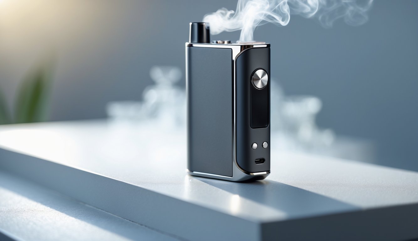 Foto sebuah perangkat vape terbaru dengan desain modern dan bentuk ergonomis diletakkan di atas permukaan bersih dengan latar belakang buram.