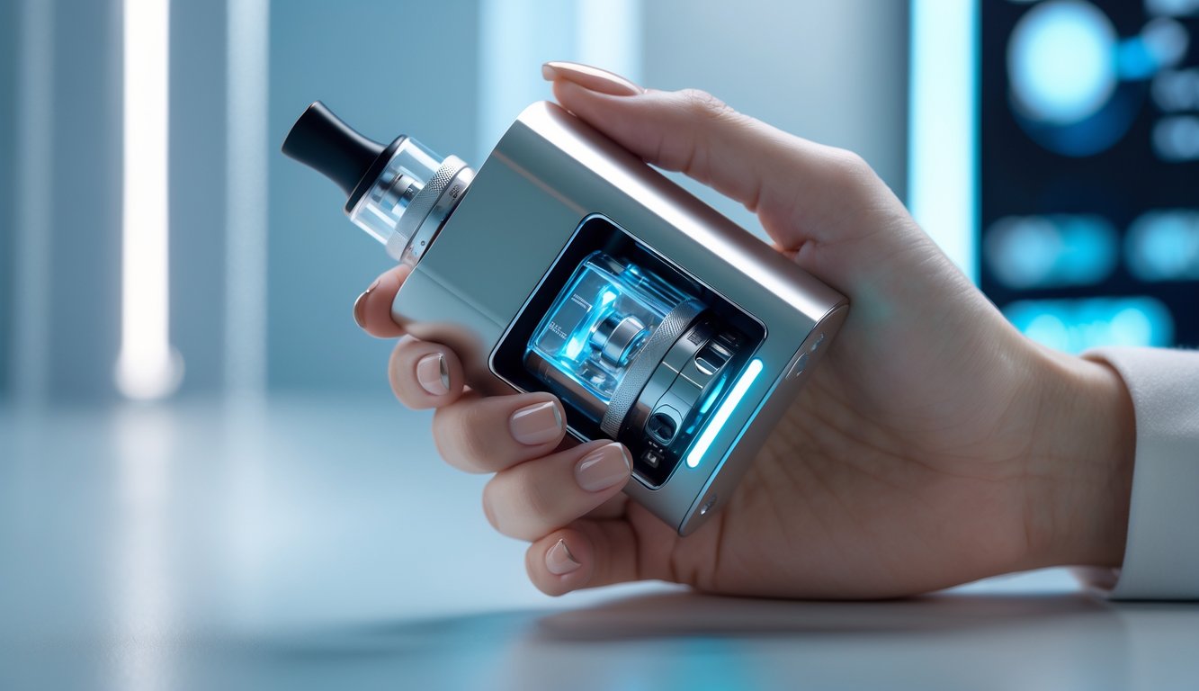 Seseorang memegang perangkat vape modern dengan desain futuristik dan latar belakang teknologi canggih.
