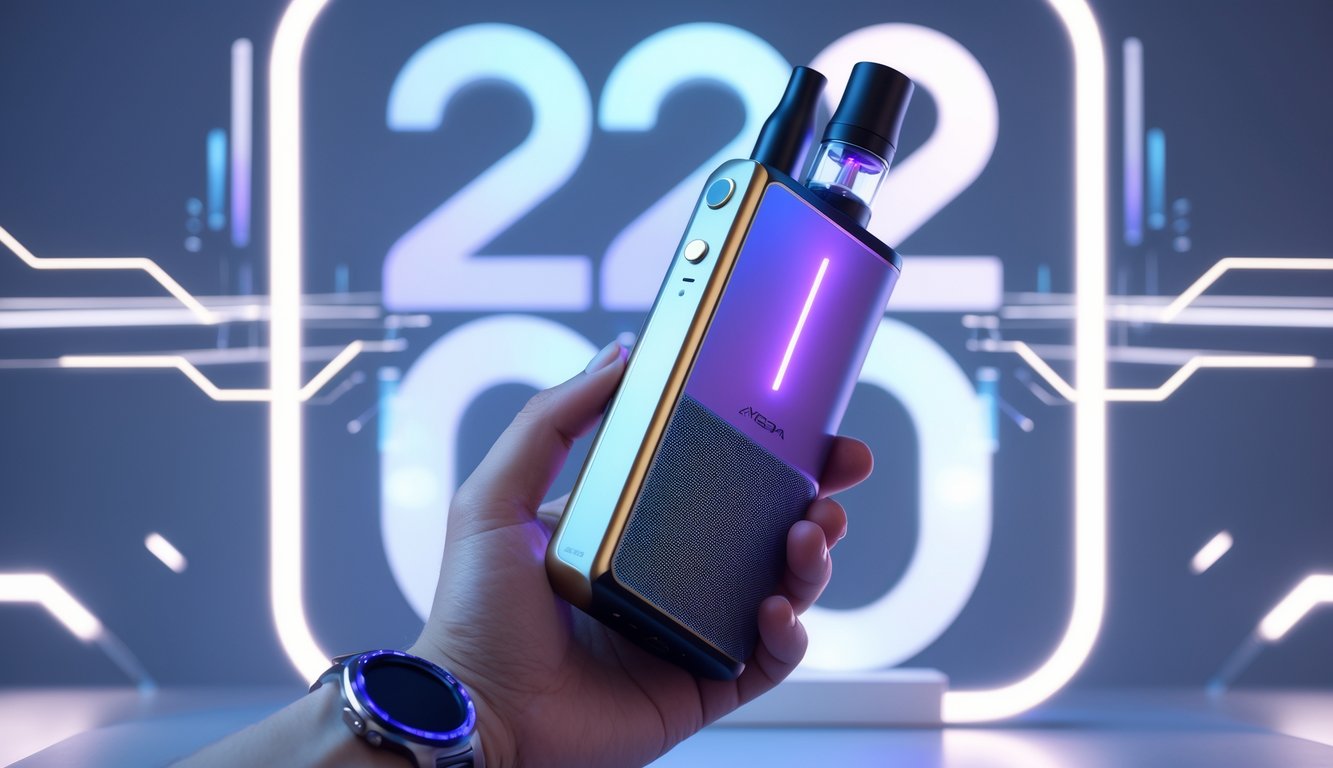 Sebuah perangkat vape modern dipegang oleh tangan dengan latar belakang futuristik dan elemen digital.