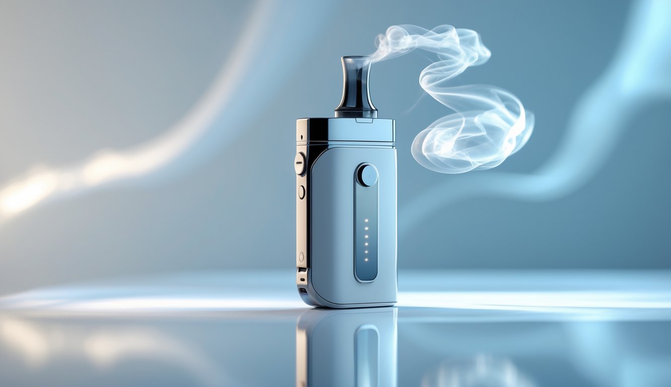 Perangkat vape modern dengan uap tipis di atas permukaan reflektif, latar belakang buram berwarna biru dan putih.